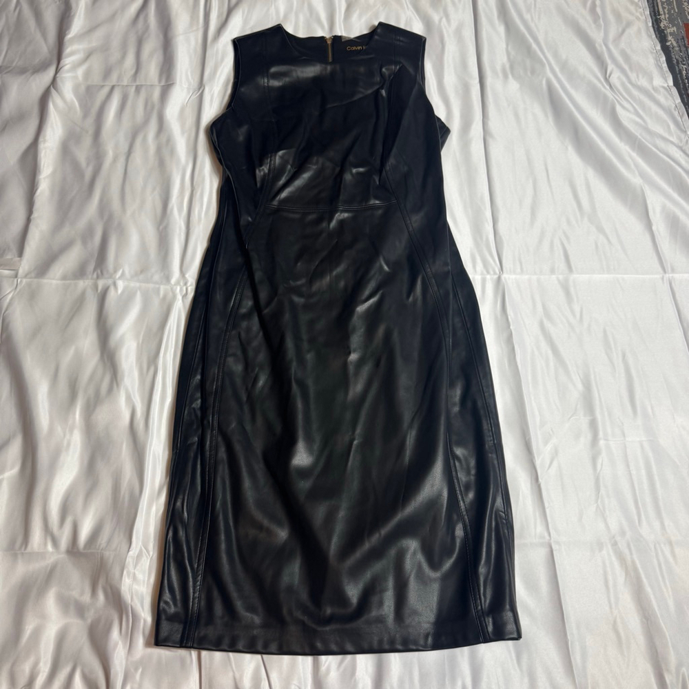 Women's Calvin Klein Black Faux Leather Midi Dress Size 4